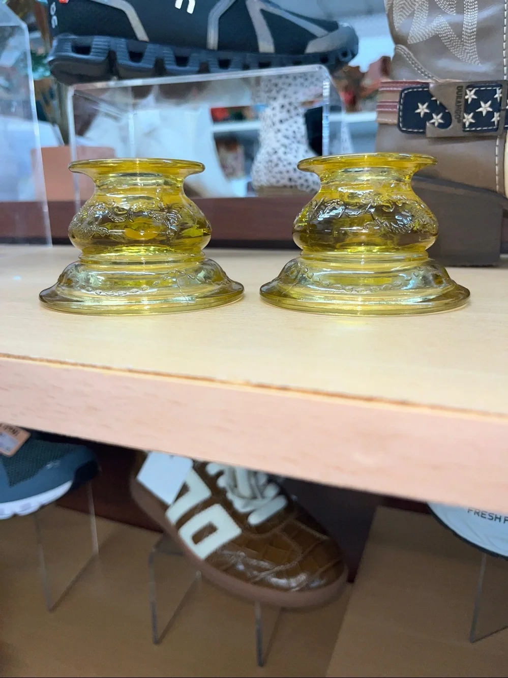 Vintage Federal Amber Madrid Pattern Depression Glass Candlestick Holders